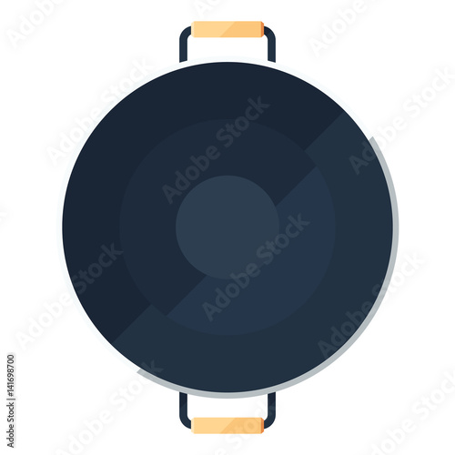 Wok frying pan sign or flat icon of traditional bowl with handles laying for top view