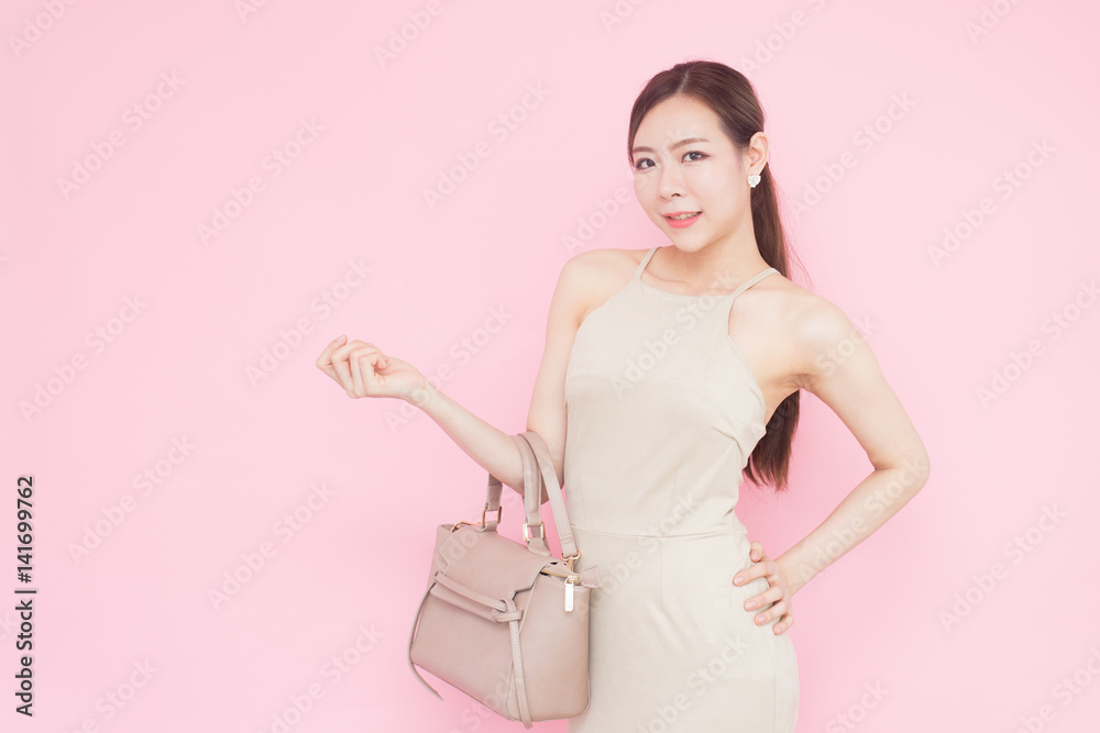 Korean woman fashion set sweet pink sexy girl, woman shopping concept., isolated with pink background. Korean woman fashion set sweet pink sexy girl, woman shopping concept., isolated with pink background.