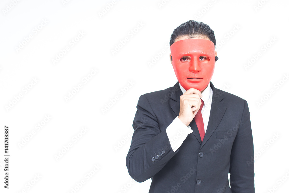 Businessman with red mask concept, isolated on white background Businessman with red mask concept, isolated on white background