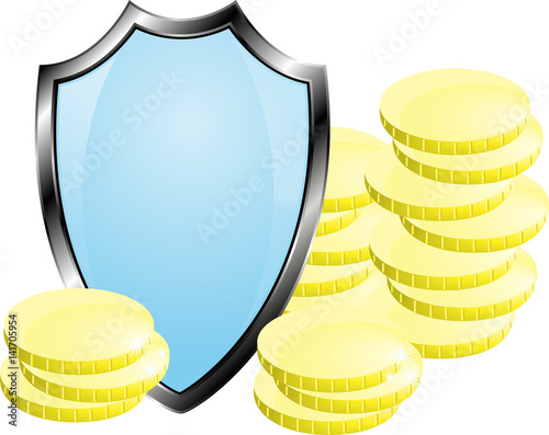 Coins closed shield, money protection, isolated, vector