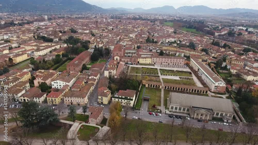 Aerial shot, beautiful panorama of Lucca city, an ancient town in the middle of Tuscany, Italy