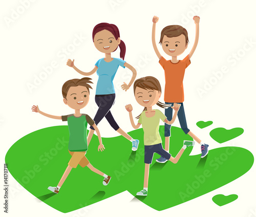 Cute Family show a power at dawn. Fun Fitness. enjoy life with parent. Running in the park.