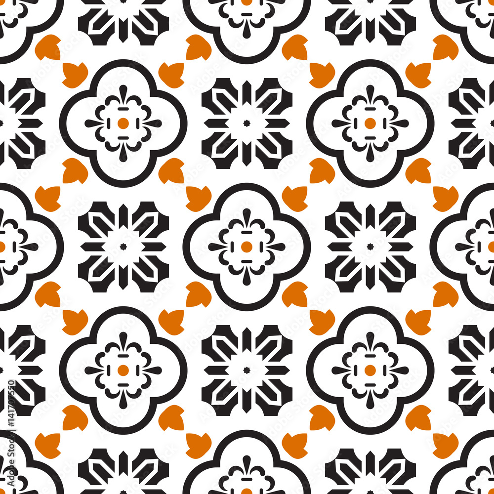 Ceramic black and white mediterranean seamless tile pattern. Geometric