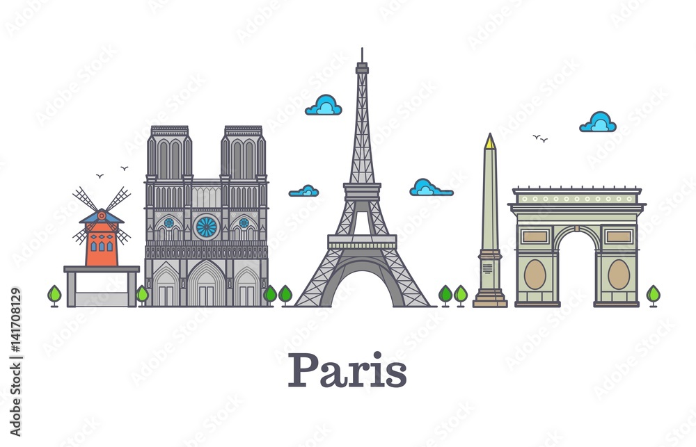 Modern france travel line landmark, paris panorama vector illustration