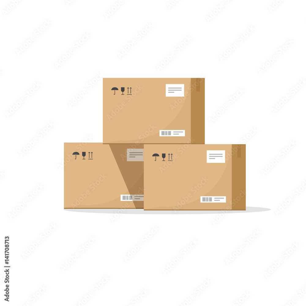 Vecteur Stock Parcel boxes carton vector illustration, warehouse parts,  cardboard cargo shipment boxes, package paper box flat cartoon design  isolated on white | Adobe Stock