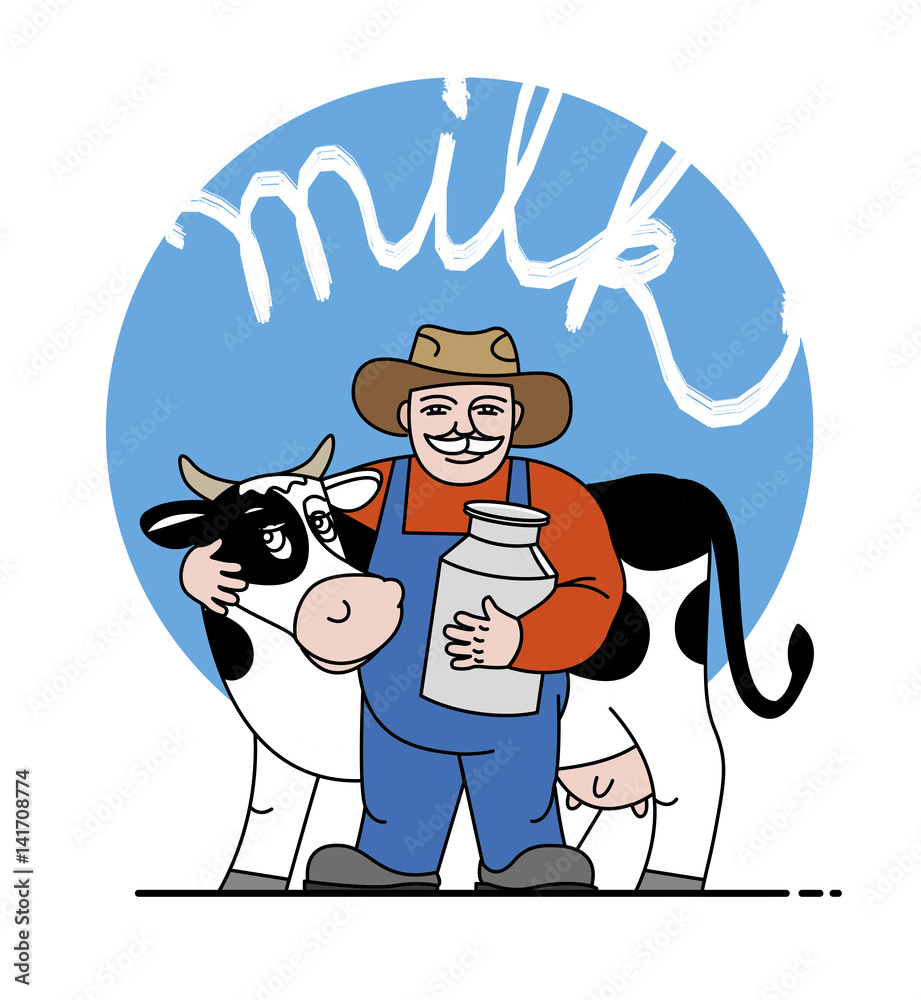 The milkman and a cow. A pitcher of milk