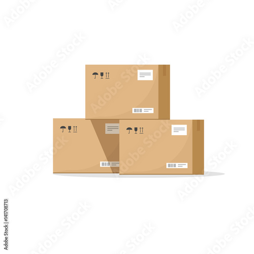 Parcel boxes carton vector illustration, warehouse parts, cardboard cargo shipment boxes, package paper box flat cartoon design isolated on white photo