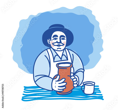 the milkman with a jug of milk and a mug