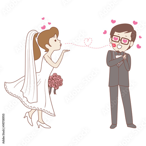 Vector Illustration of Bride doing flying Kiss to the Groom