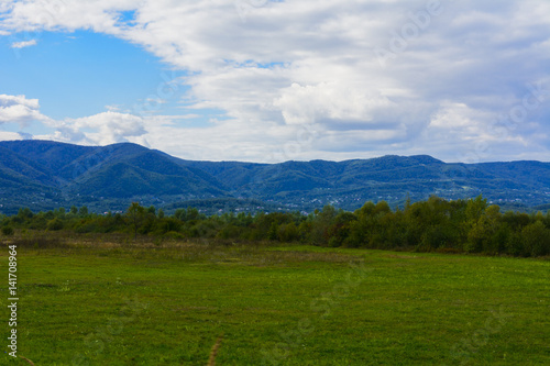 The landscape of fields and mountains in western Ukraine