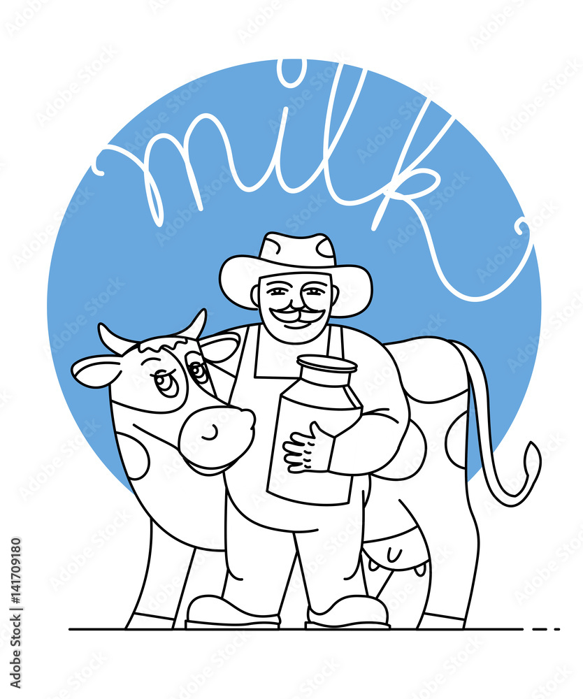The milkman and a cow. A pitcher of milk