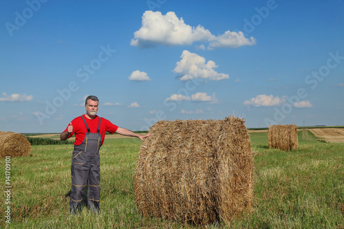 Farmer and bale of hay in field, gesturing with thumb up