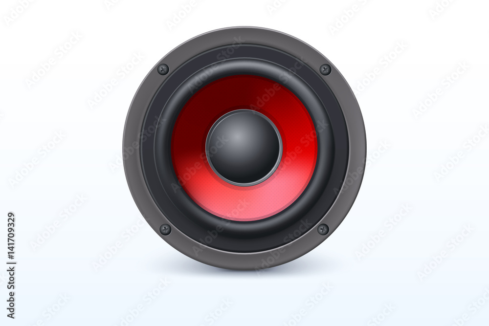 Audio loud speaker with red diffuser isolated on white background. Vector illustration, eps10