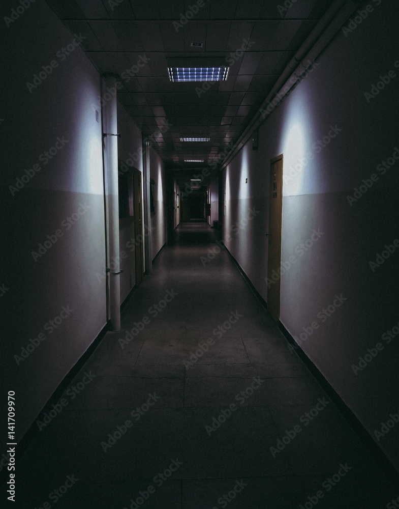 Long dark creepy hallway.