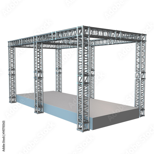 Steel truss girder rooftop construction with outdoor festival stage. 3d render podium isolated on white.
