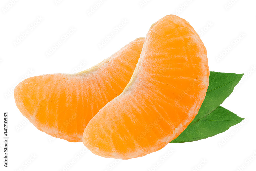 Two slices of tangerine with leaves isolated on white background Two slices of tangerine with leaves isolated on white background