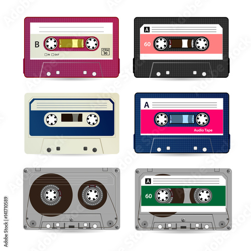 Retro Audio Cassette Vector. Collection Of Different Colorful Music Tapes. Isolated On White Background.