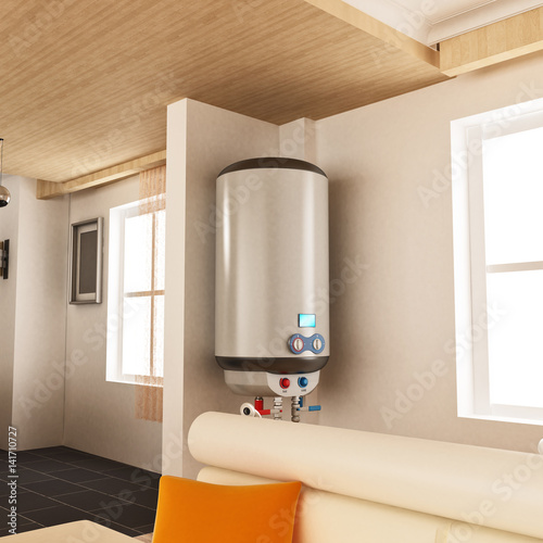 Water heater hanging on the wall. 3D illustration photo