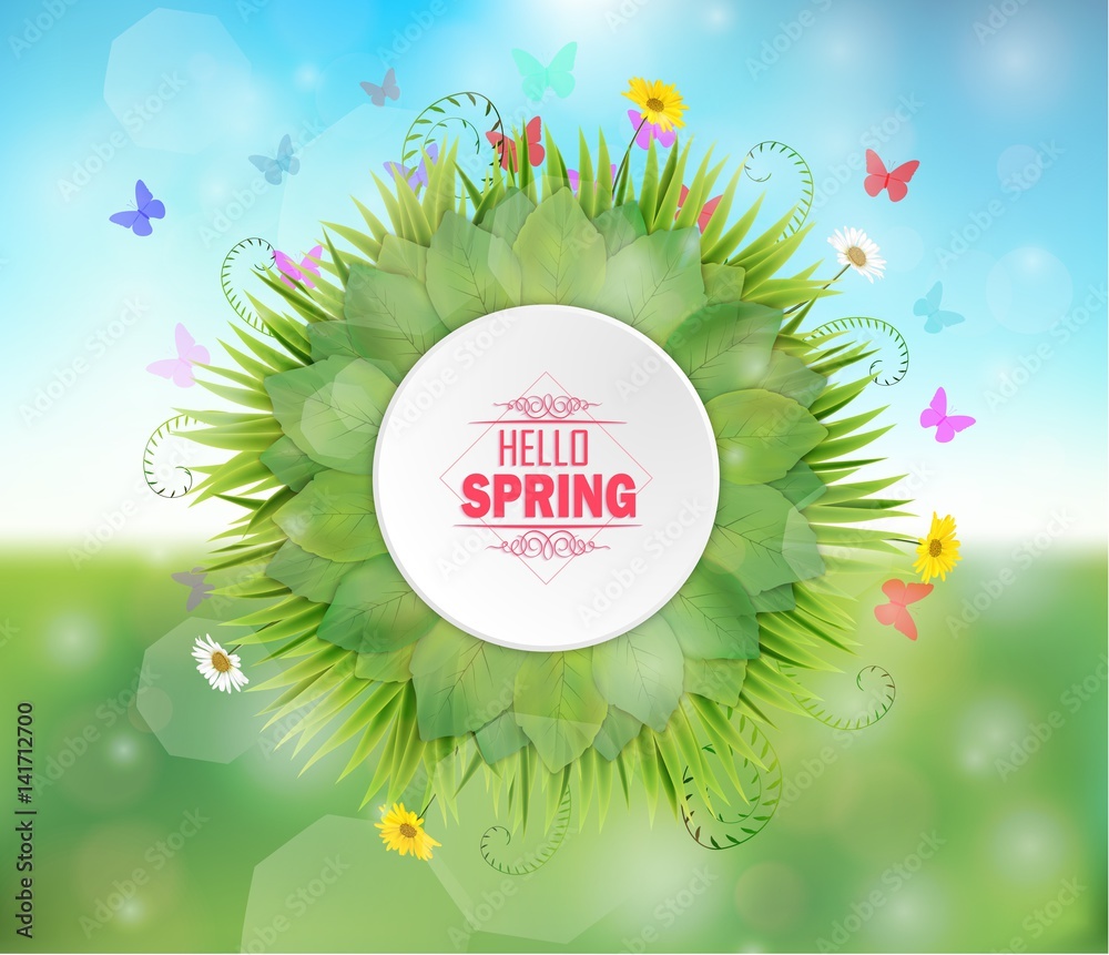 Spring round frame on bokeh background