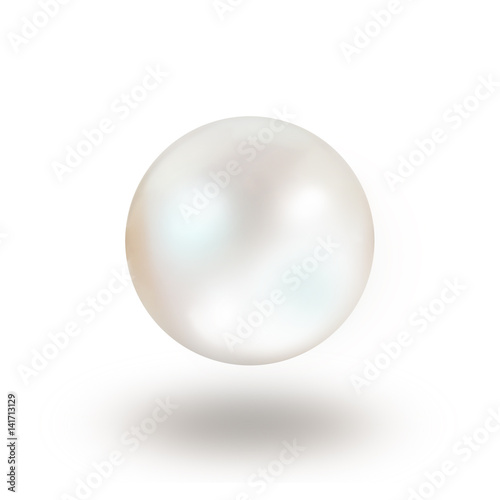 Single white natural oyster pearl with nacre mother of pearl outer isolated on white background with drop shadow
