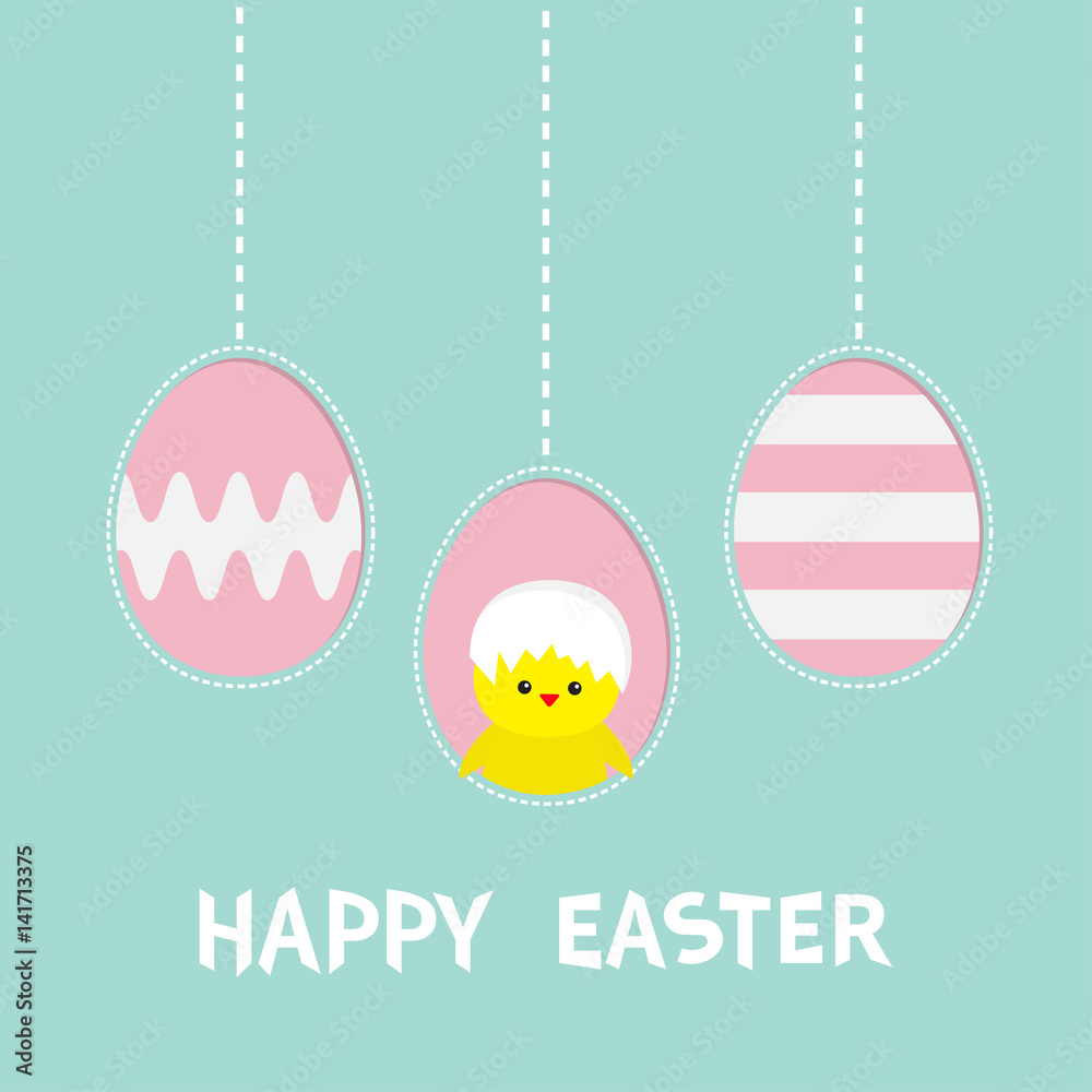 Happy Easter text. Three painting egg. Hanging painted egg set. Chicken baby bird with shell. Dash line. Greeting card. Flat design style. Cute decoration element. Happy Easter text. Three painting egg. Hanging painted egg set. Chicken baby bird with shell. Dash line. Greeting card. Flat design style. Cute decoration element.