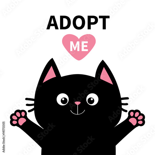 Adopt me. Dont buy. Pink heart. Black cat face head, paw print silhouette. Cute cartoon character. Help animal concept. Pet adoption. Flat design style. White background. Isolated.