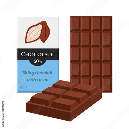 Chocolate bar. Cacao label package. Sweet milky product. Flat style
