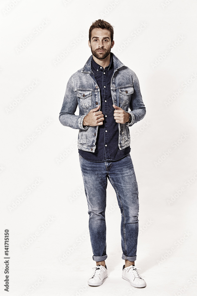 Triple denim dude in white studio Triple denim dude in white studio