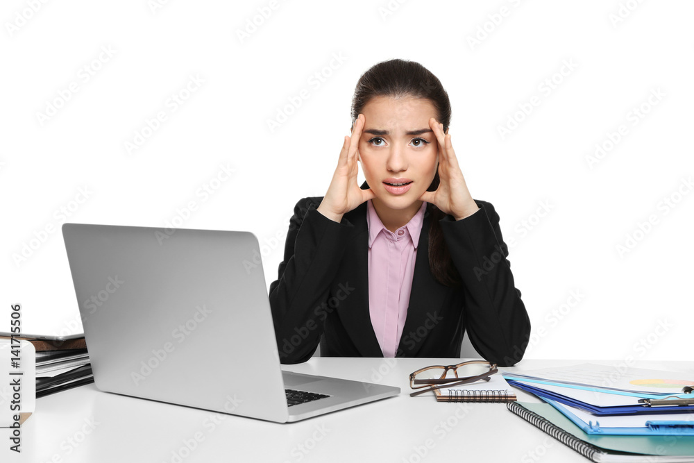 Young woman tired of working with laptop, on white background Young woman tired of working with laptop, on white background