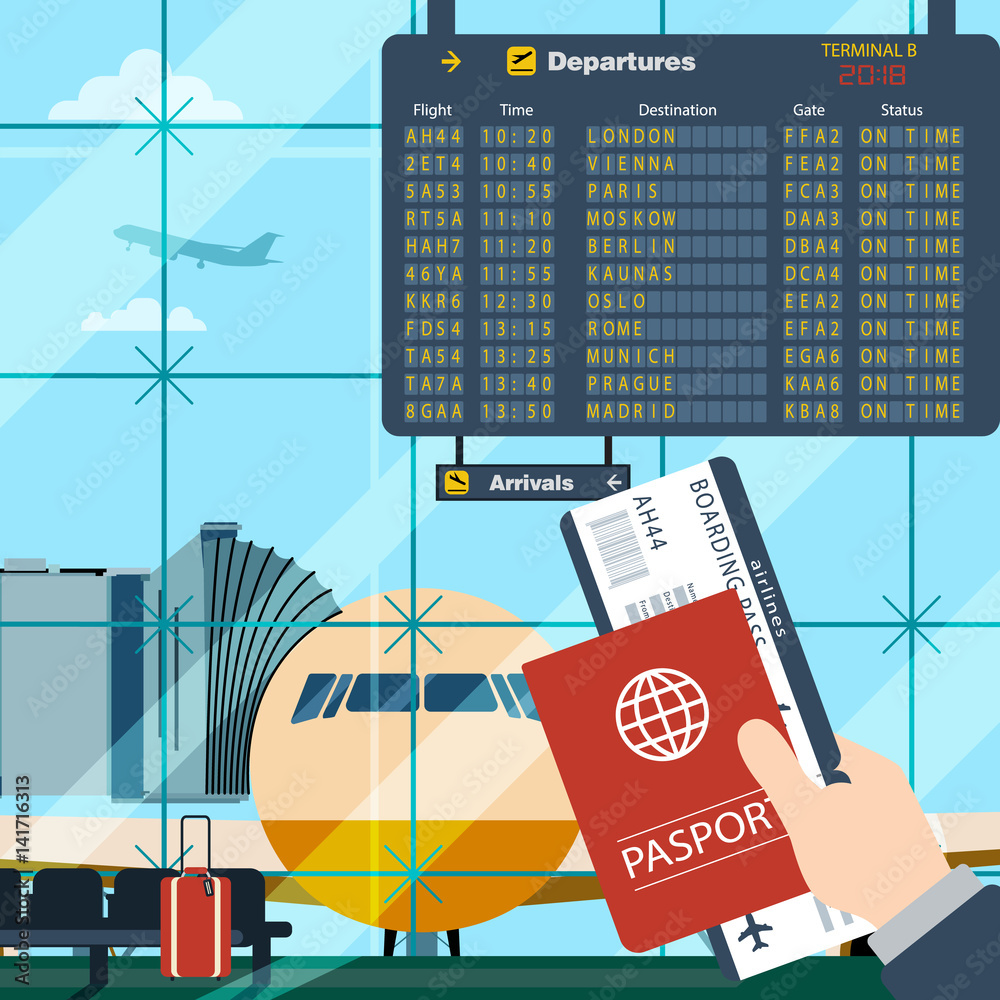 Man with passport and boarding pass waiting flight. Illustration inside in  flat design of airport with a plane with gangplank, timetable in background.  Travel, vacation, business trip concept. Stock Vector | Adobe