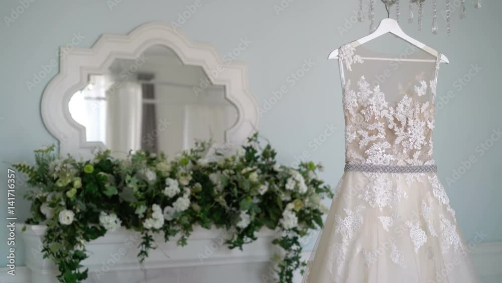 Wedding dress indoors at cloudy day