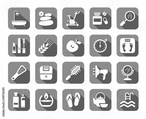 Beauty and health, icons, grey, flat, vector. Care for body and face. White icons on gray background with shadow. Flat, vector clip art. 
