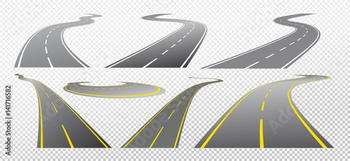 Set of curved road with white and yellow markings. Vector illustration. Isolated on transparent background.
