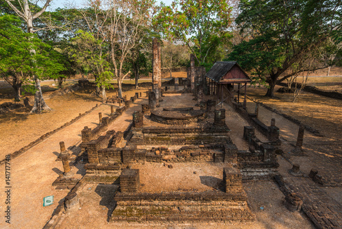 Ruined church in Sukhothai historical park, travel destination of Thailand