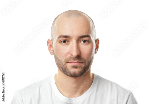 Fototapeta Naklejka Na Ścianę i Meble -  Hair loss concept. Portrait of young bald man on white background