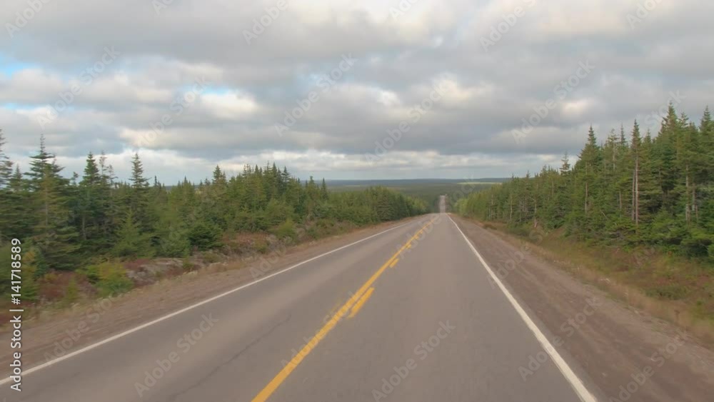 POV, CLOSE UP: Empty highway running through lush dense taiga forest on overgrown plateau in Cape Breton Highlands National park, Canada. Road passes through vast spruce woodland on endless plains POV, CLOSE UP: Empty highway running through lush dense taiga forest on overgrown plateau in Cape Breton Highlands National park, Canada. Road passes through vast spruce woodland on endless plains