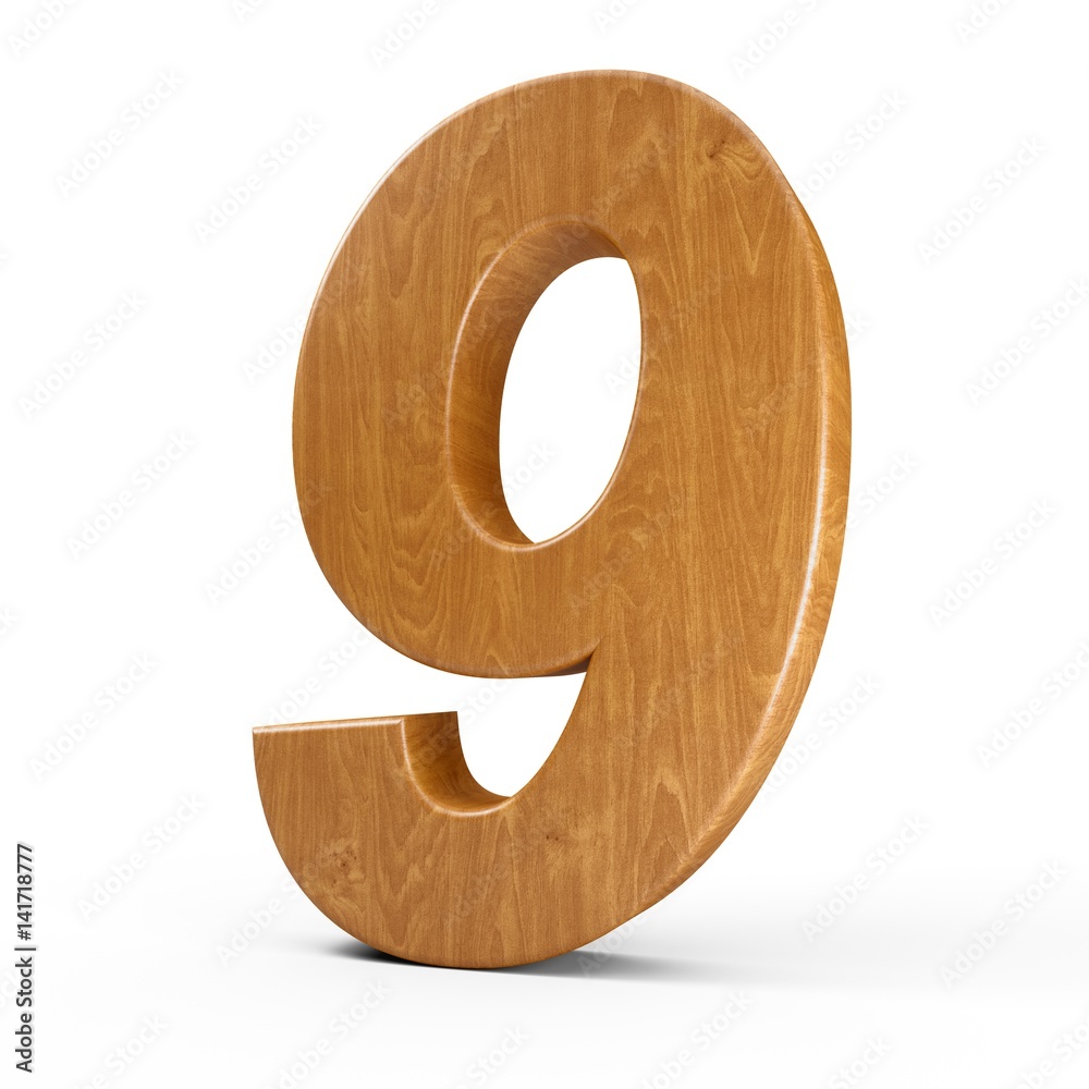 3d Rendering wood material italic number 9 nine isolated white background 3d Rendering wood material italic number 9 nine isolated white background
