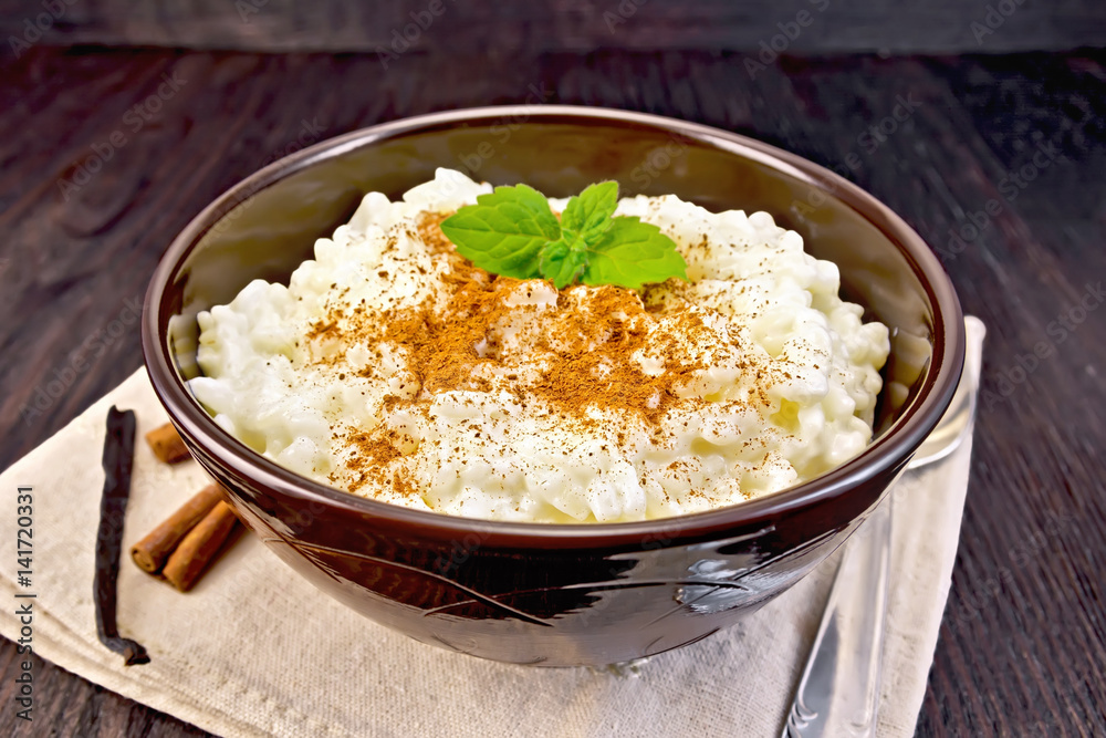 Rice porridge with cinnamon in bowl on napkin Rice porridge with cinnamon in bowl on napkin