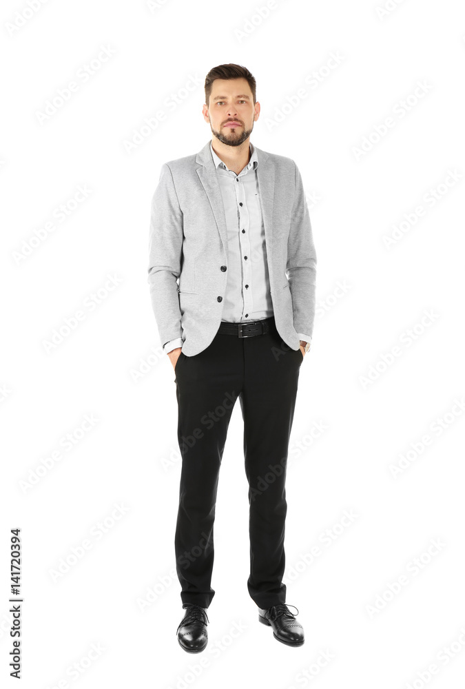 Handsome man in elegant suit on white background