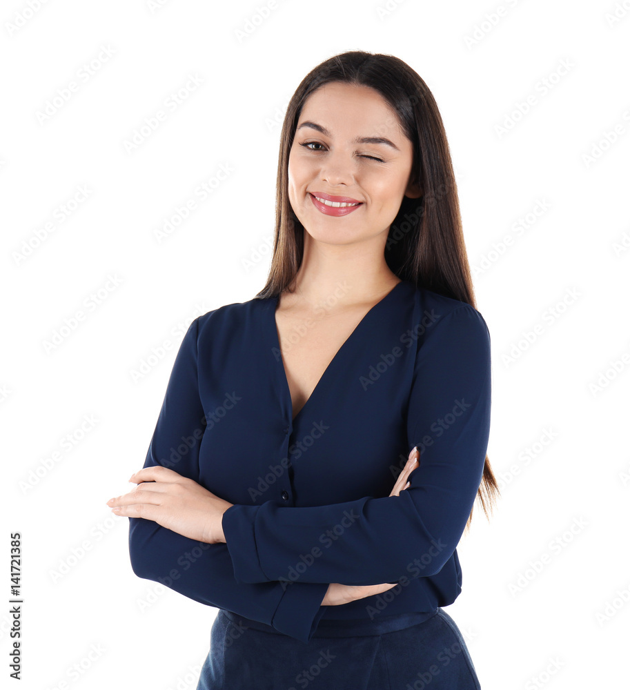 Beautiful young business woman standing on white background Beautiful young business woman standing on white background