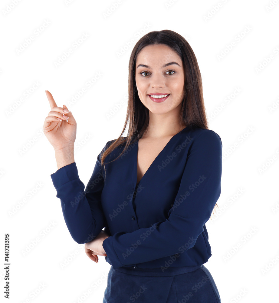 Beautiful young business woman standing on white background Beautiful young business woman standing on white background