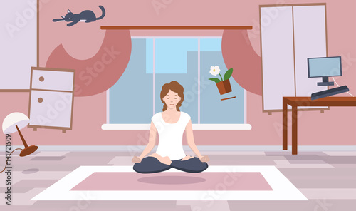 A girl sits in a room, meditates and soars. All items in the room fly.