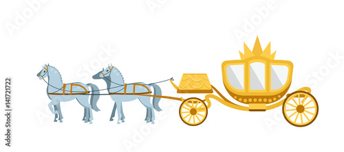 Fotografia Golden Carriage drawn by four gray horses on white background.