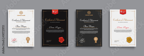 Achievement certificate design with badges and seals. Eps10 vector template.