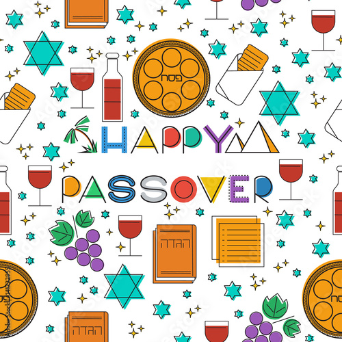 Happy Passover (jewish holiday). Seamless pattern linear modern background. Vectot illustration with Passover holiday symbols.