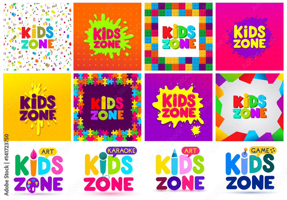Kids Zone banner design big set. Children Playground. Colorful logos. Vector illustration. Isolated on white background.