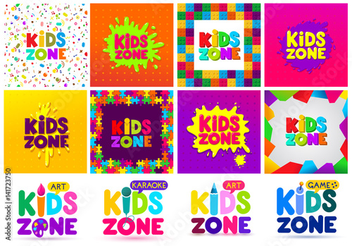 Kids Zone banner design big set. Children Playground. Colorful logos. Vector illustration. Isolated on white background.