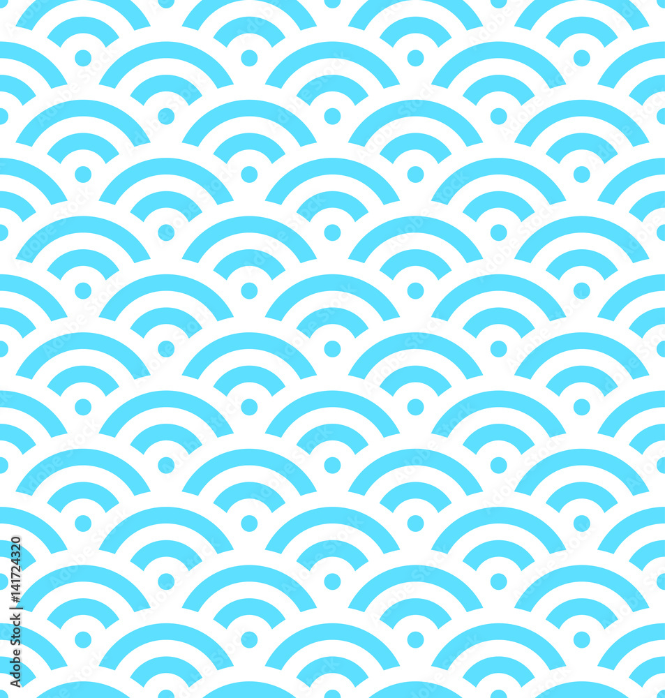 Blue fish scale background of concentric circles. Abstract seamless pattern looks like sea waves. Vector illustration.