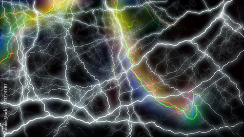 Multitude of colorful lightnings striking everywhere 3d rendering