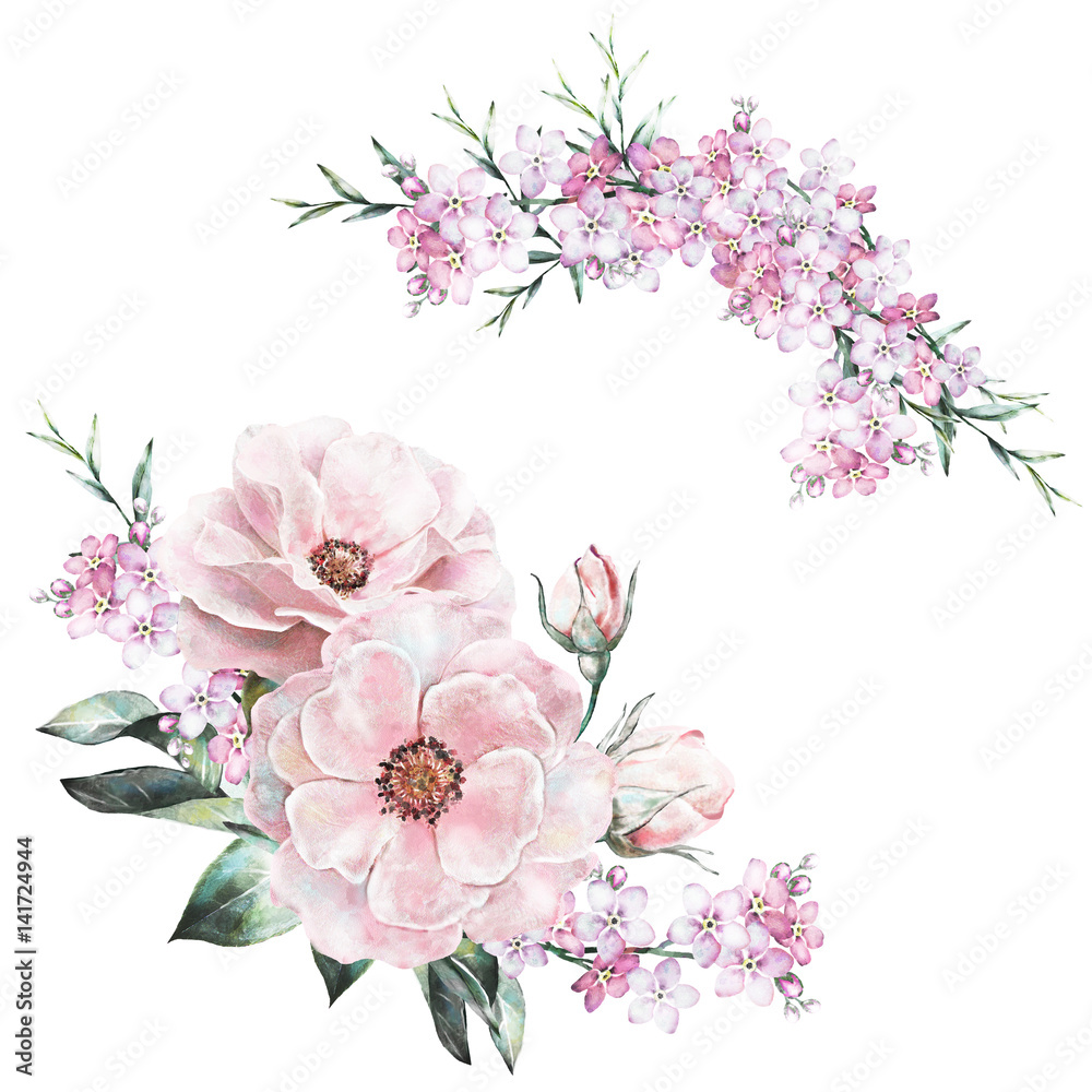 watercolor flowers. floral illustration in Pastel colors  rose. bunch of pink, flowers isolated on white background. herbs, Leaf. Cute composition for wedding or greeting card. set romantic bouquet
